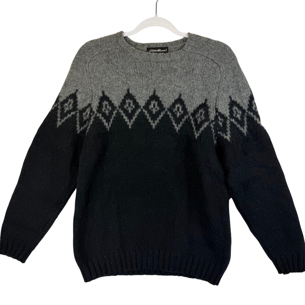Vintage Eddie Bauer 100% Lambswool Sweater Small S Black Gray Fair Isle Crewneck - Picture 1 of 4